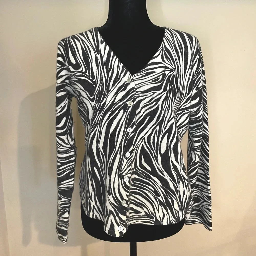 Jillian Jones black and white abstract/zebra print lambs wool cardigan